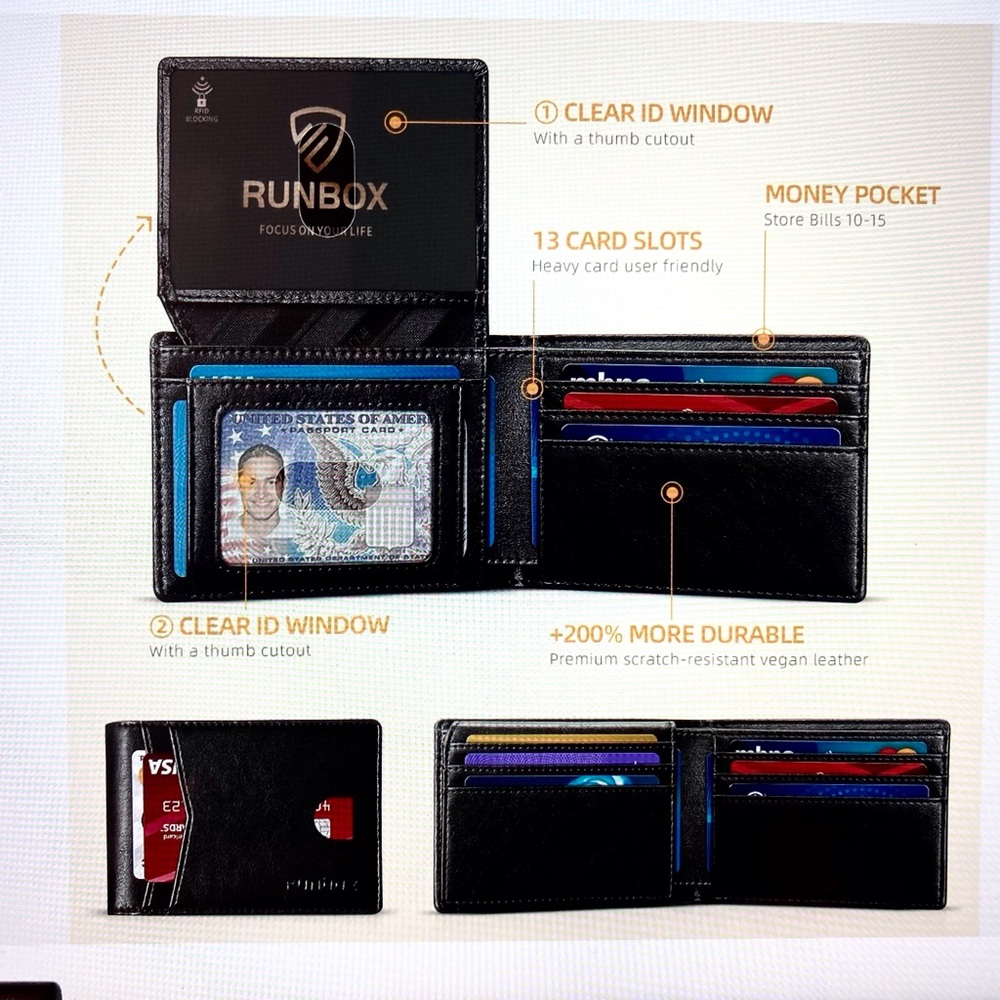 RUNBOX 13 Card Slot RFID Black Leather Slim Wallet for Men